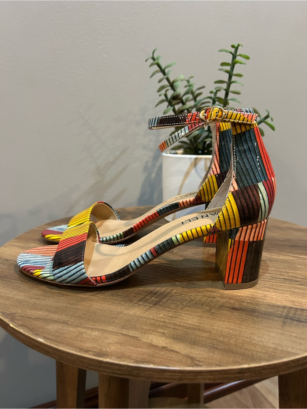 VANELi Multicolor Striped Leather Block Heel Ankle Strap Sandals 7M